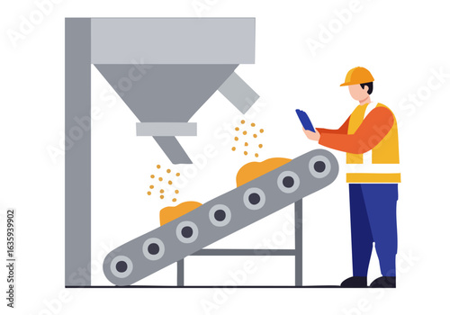A worker inspects a product on a conveyor belt, utilizing a tablet. Industrial setting, focused on quality control. Modern, professional illustration.