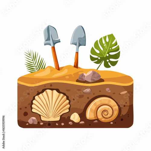 Fossil vector. Archeologic fossil dig set. 