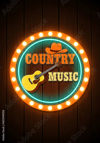 A luminous neon sign for a country music event, featuring a classic acoustic guitar and cowboy hat against a rustic wooden backdrop.