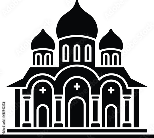 Black and white minimalist icon of an orthodox church with domes and crosses religious building architecture