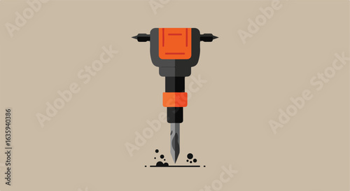 Construction Equipment Gray and orange jackhammer drills into surface with small dust particles