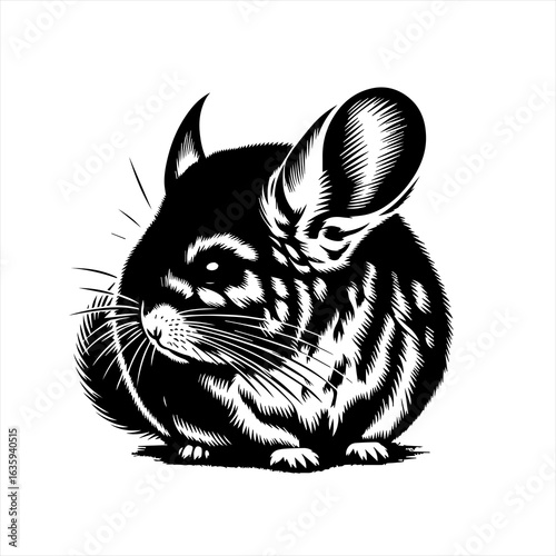 Stylized black and white illustration of a chinchilla