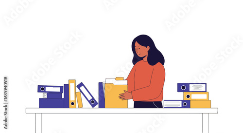 Woman holding files, with ring binders on a white desk