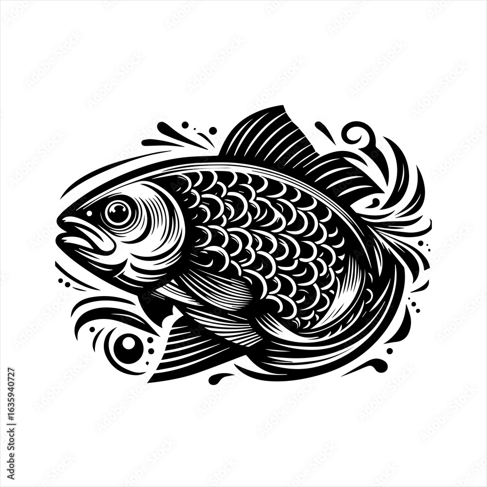 Fototapeta premium Stylized black and white fish illustration with water elements