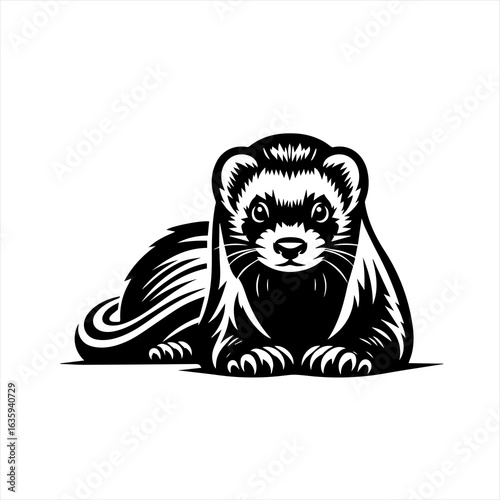 Black and white illustration of a ferret lying down
