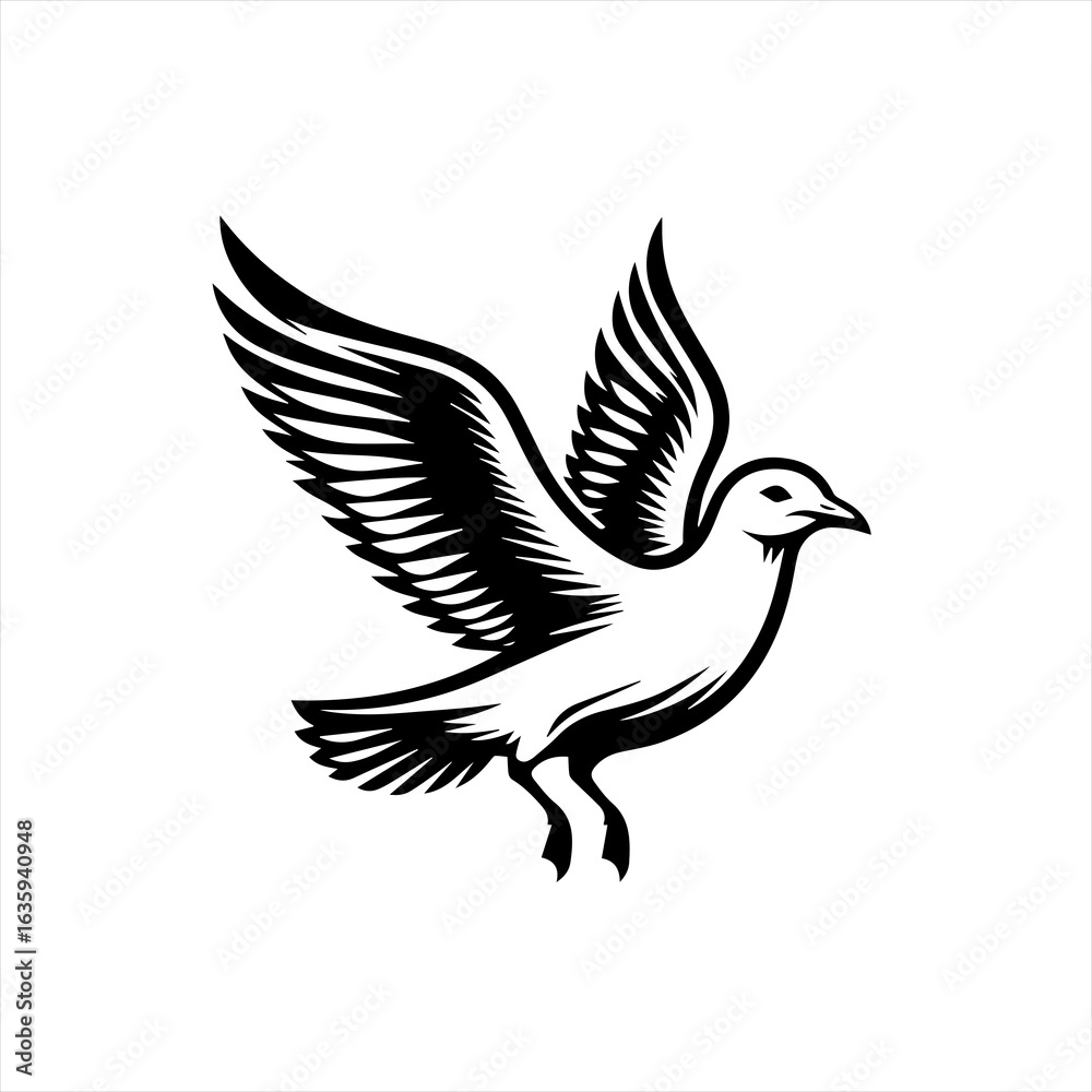 Stylized black and white dove in flight Stylized black and white dove in flight