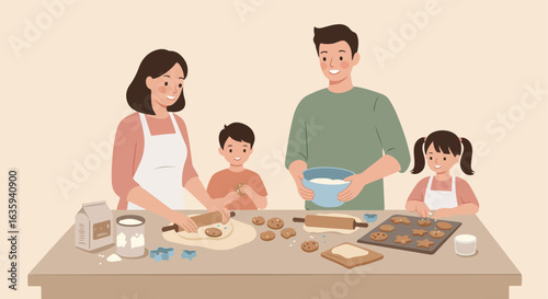 A family enjoys baking cookies together at a table, spreading dough and decorating
