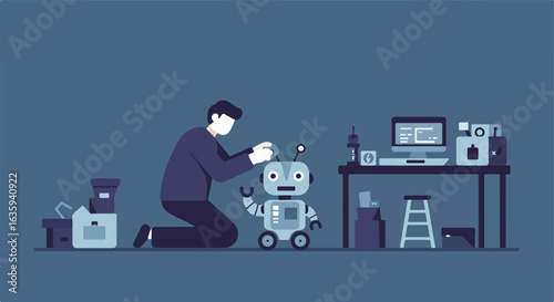 Man repairs robot. Desk, computer, and stool are in the background with boxes