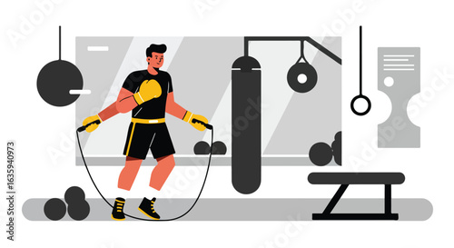 Boxer in gym jumps rope as strength training workout with weights & punching bag