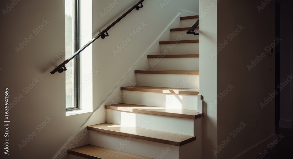 Obraz premium Staircase with wooden treads and white risers, lit by sunlight through a window