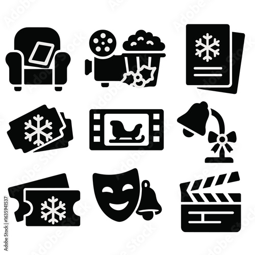 Holiday Movie Icons. Solid style icons of holiday movies and storytelling accessories: cozy armchair with book, projector and reel