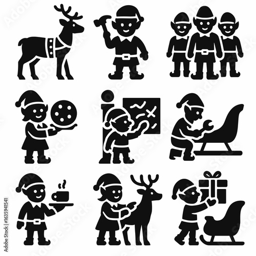 Santa's Workshop Crew Icons. Solid style icons of Santa’s helpers and crew: reindeer with harness, elf holding tool, workshop crew