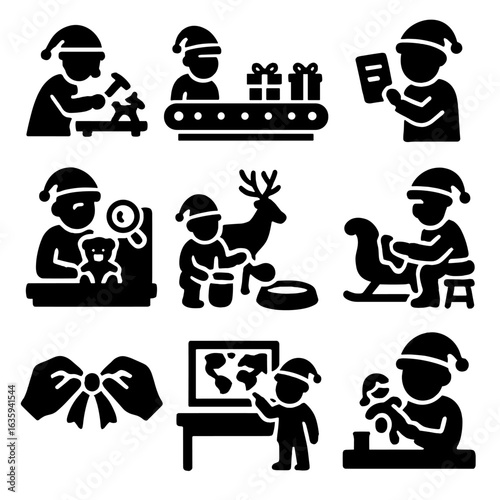North Pole Workshop Activities. Solid style icons of North Pole workshop activities: elf hammering toy, wrapping conveyor belt,