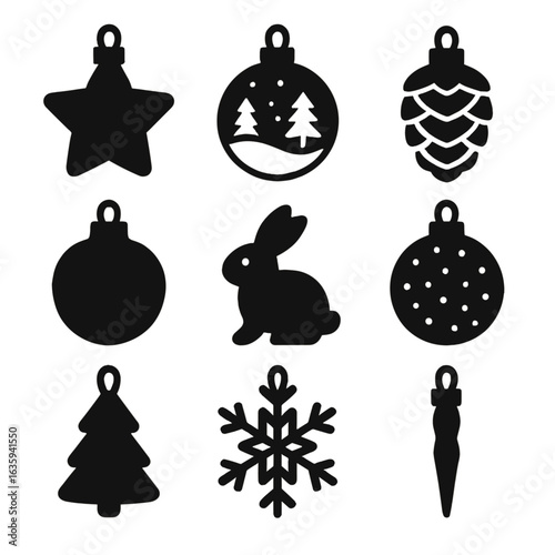 Ornament Icons Collection. Solid style icons of tree ornaments and themes: star-shaped bulb, bauble with snow scene, pinecone