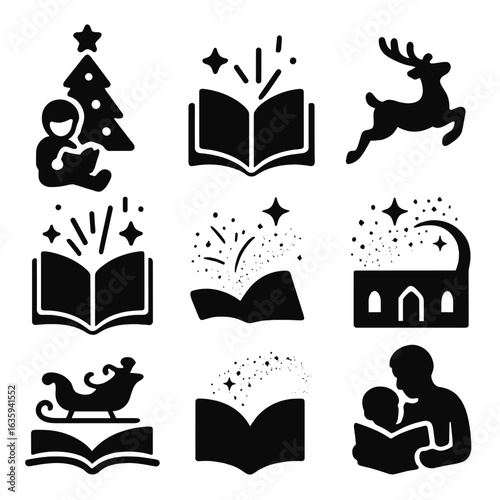 Holiday Storytime Magic. Solid style icons of storytime and imagination during holidays: child reading near tree, sparkle from