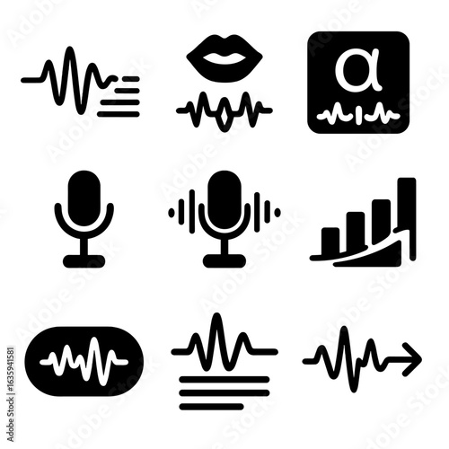 Speech Recognition Icons. Solid style icons of speech recognition signals: waveform to text path, AI speech wave, phoneme marker