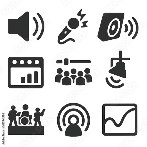 Concert Sound Icons. Solid style icons of concert and stage sound: loudspeaker wave burst, mic with feedback, stage monitor wave,