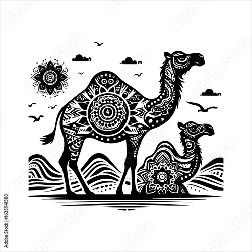 Ornate camel family silhouette with mandala designs and desert landscape