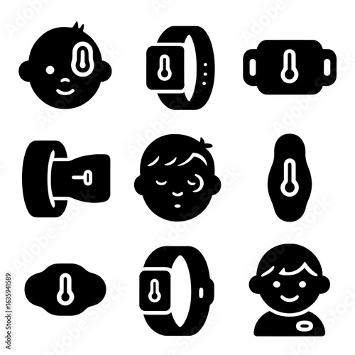 Wearable Thermometer Icons. Solid style icons of wearable thermometers: baby patch thermometer, wristband with temperature,