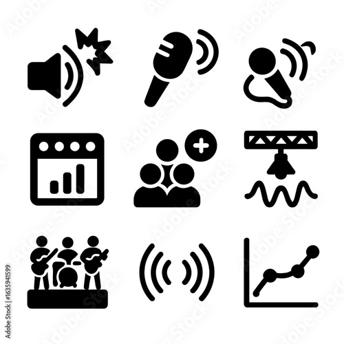 Concert Sound Icons. Solid style icons of concert and stage sound: loudspeaker wave burst, mic with feedback, stage monitor wave,