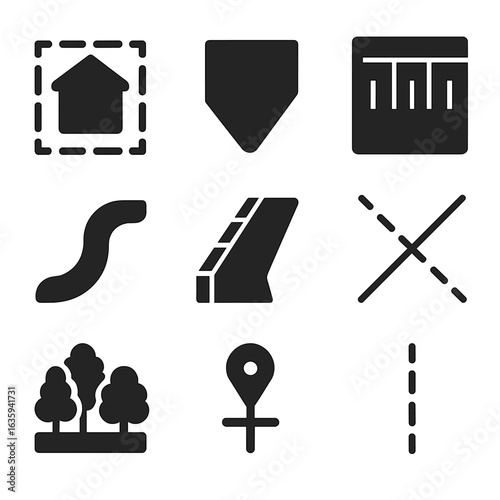 Site Planning Icons. Solid style icons of site planning elements: building footprint, setback line, property boundary, parking