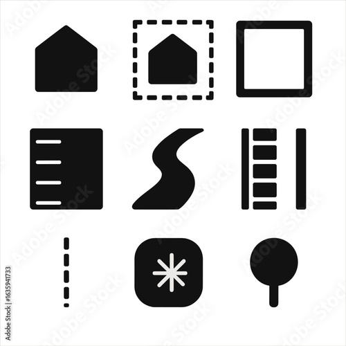 Site Planning Icons. Solid style icons of site planning elements: building footprint, setback line, property boundary, parking