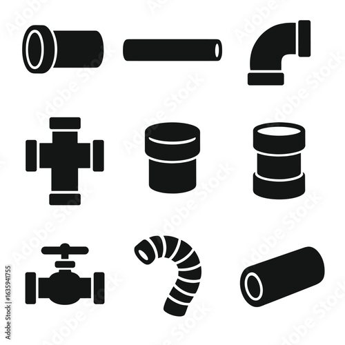 Piping Materials Icons. Solid style icons of piping and plumbing materials: PVC pipe, copper pipe, pipe elbow, T-joint, pipe cap,