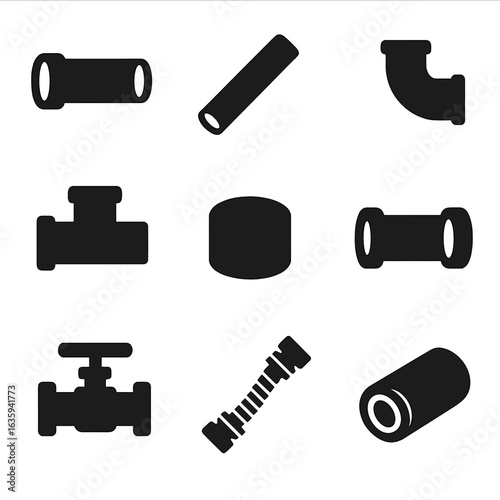 Piping Materials Icons. Solid style icons of piping and plumbing materials: PVC pipe, copper pipe, pipe elbow, T-joint, pipe cap,