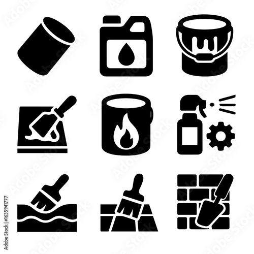 Protective Coating Icons. Solid style icons of protective coatings: primer can, waterproofing liquid, paint bucket, epoxy coat,