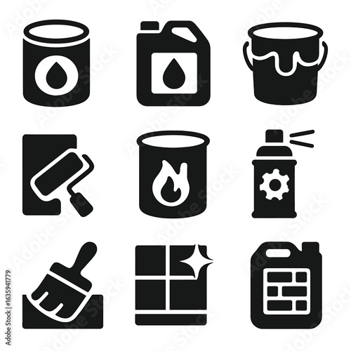 Protective Coating Icons. Solid style icons of protective coatings: primer can, waterproofing liquid, paint bucket, epoxy coat,