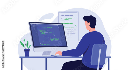 An individual coding on a monitor with plant and software