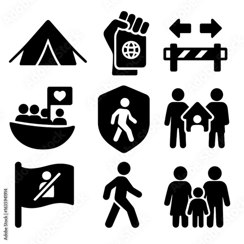 Migration Rights Icons. Solid style icons of migration and refugee rights: refugee tent icon, protest hand with passport, open