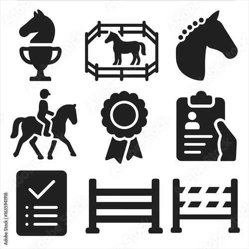 Horse Show Icons. Solid style icons of horse shows and competition: trophy horse, show ring, braided mane, dressage test, ribbon