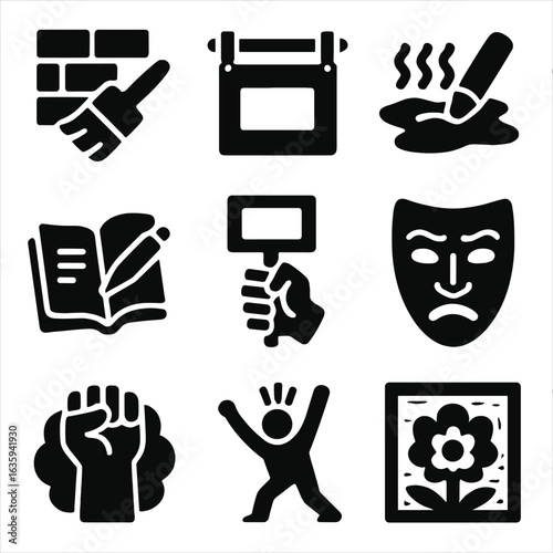 Art of Protest. Solid style icons of protest art and expression: mural paintbrush, banner stencil, chalk slogan, street poem icon,