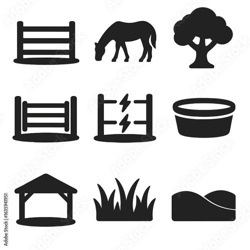 Horse Pasture Icons. Solid style icons of horse pasture and fencing: fenced paddock, grazing horse, shade tree, pasture gate,