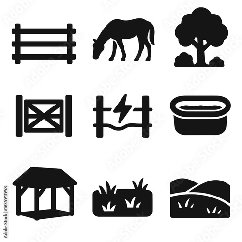 Horse Pasture Icons. Solid style icons of horse pasture and fencing: fenced paddock, grazing horse, shade tree, pasture gate,