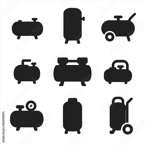 Compressor Tank Icons. Solid style icons of compressor tank shapes and sizes: small horizontal tank, large vertical tank, wheeled