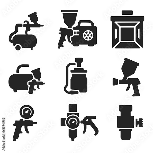 Painting Compressor Icons. Solid style icons of compressors for painting: airbrush compressor, HVLP gun compressor, paint booth