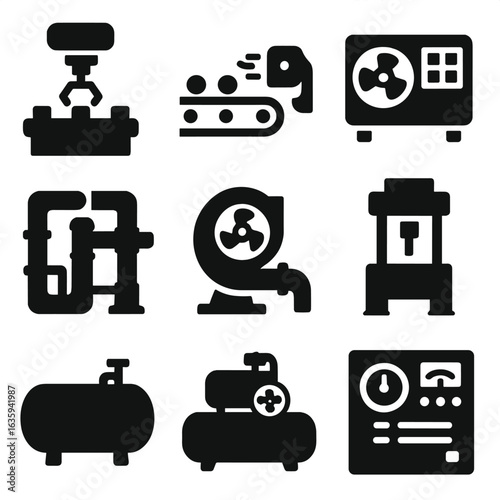 Industrial Equipment Icons. Solid style icons of large-scale factory use: assembly line compressor, conveyor air power, industrial