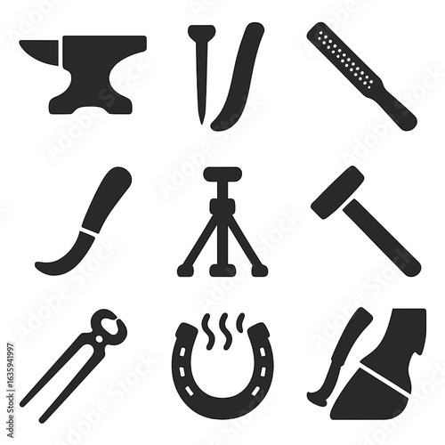Farrier Tools Icons. Solid style icons of farrier and hoof care: anvil, horseshoe nail, rasp file, hoof knife, hoof stand, shoeing