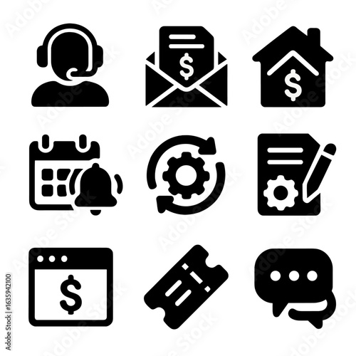 Customer Service Icons. Solid style icons of customer service and billing: help desk icon, invoice email, billing address, payment