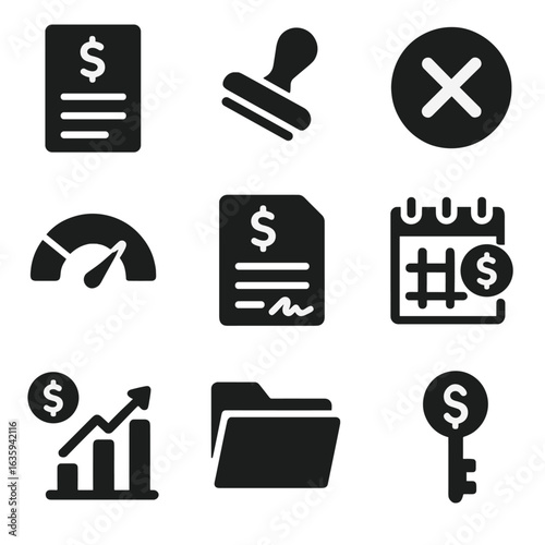 Loan Icons Collection. Solid style icons of loans and financing: loan document, approved stamp, denied icon, credit score meter,