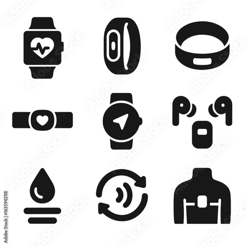Fitness Wearable Icons. Solid style icons of fitness wearables and devices: heart rate watch, fitness tracker band, smart ring,