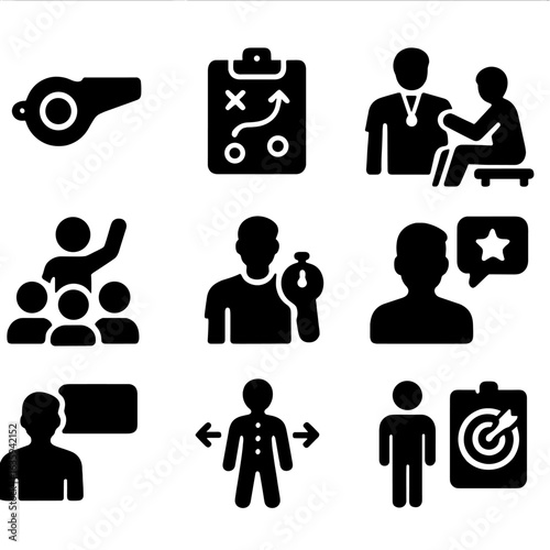 Fitness Coaching Icons. Solid style icons of personal trainers and coaching: coach whistle, clipboard plan, trainer with stopwatch