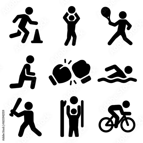 Sports Training Icons. Solid style icons of sports-specific training: soccer agility cone, basketball shot form, tennis swing icon