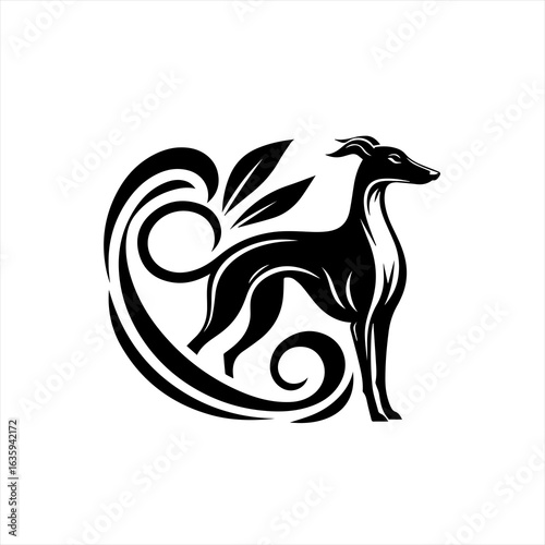 Elegant black silhouette of a greyhound dog with decorative swirling lines and leaves