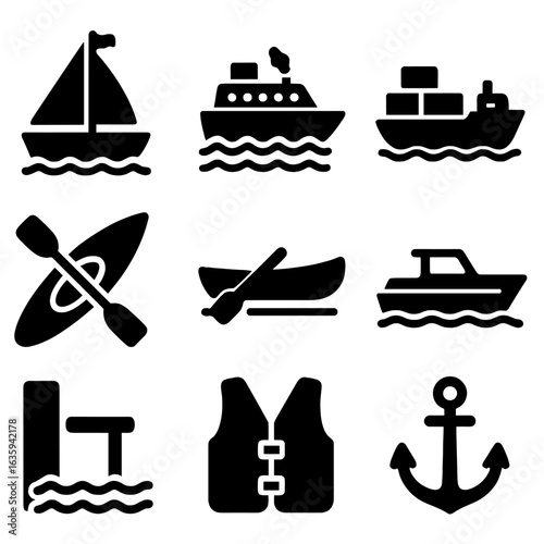 Water Transport Icons. Solid style icons of water transport and navigation: sailboat, ferry, cargo ship, kayak, rowboat, water