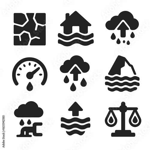 Climate Water Connection Icons. Solid style icons of climate and water connection: drought crack, flooded home, dry riverbed,
