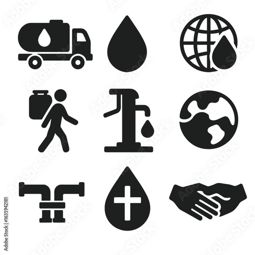 Global Water Icons. Solid style icons of global water organizations and efforts: charity water truck, NGO drop logo, international