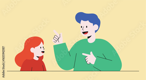 Man points up and towards himself, talking to a woman with red hair. Smiling